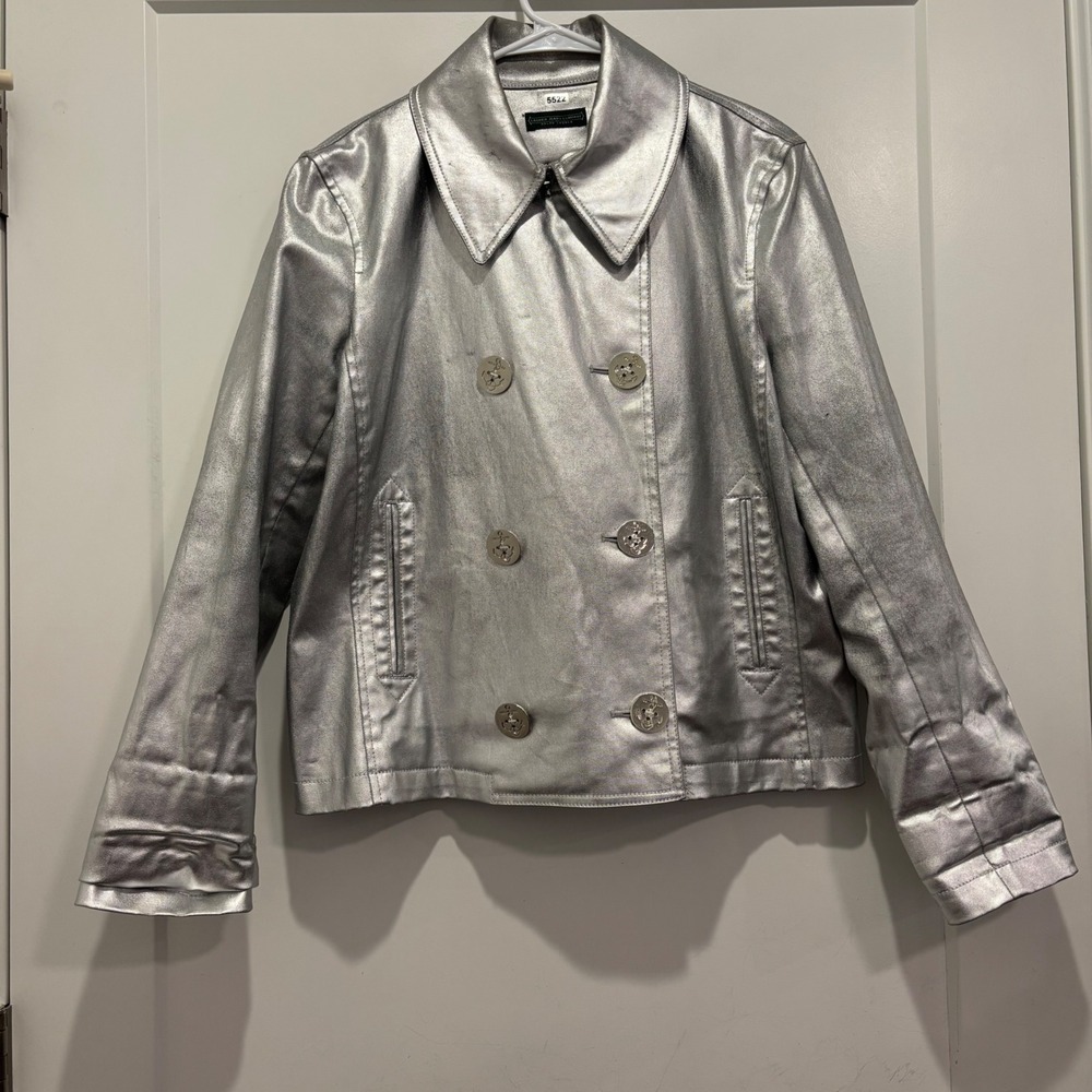 Lauren Ralph Lauren Metallic Silver Double Breasted Pea Coat Jacket Womens L